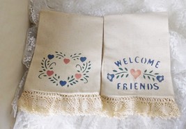 Lot of 2 Stenciled Muslin Tea Towels - Country Theme - Hearts and Flower... - $176.89 MXN