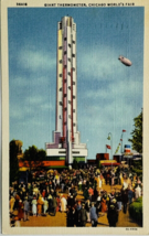Vtg Giant Thermometer Chicago World&#39;s Fair with Zeppelin c.1933 Linen Postcard - £6.23 GBP