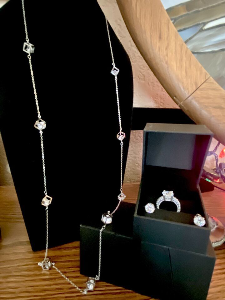 Boxed Clear Rhinestone Long Necklace, CZ Solitaire Ring and Earrings - $60.00