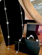 Boxed Clear Rhinestone Long Necklace, CZ Solitaire Ring and Earrings - £47.21 GBP