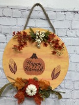 Happy Harvest orange pumpkins Wall Door Porch wood handmade hanging roun... - $18.21