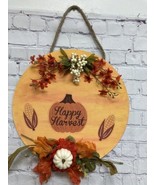 Happy Harvest orange pumpkins Wall Door Porch wood handmade hanging roun... - £14.31 GBP
