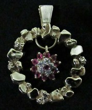 14k Yellow Gold Round Nugget 11 Ruby Center Dangle Drop Pendant 6.3g Huge Custom - $479.99