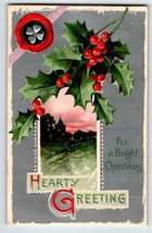 Christmas Postcard Church View Holly Leaves Embossed 3008 Greetings Germany 1910 - $9.50