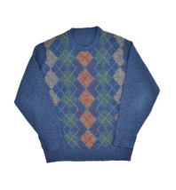 Vintage Wool Argyle Sweater Mens XL Blue Crewneck Jumper Made in England - £22.59 GBP