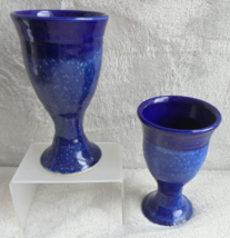 2X Hand Studio Art Pottery Cobalt Blue Speckled Glaze Goblet Chalice Vessel - £15.72 GBP