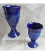 2X Hand Studio Art Pottery Cobalt Blue Speckled Glaze Goblet Chalice Vessel - £15.68 GBP