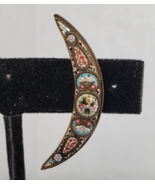 Antique Victorian Italy Micro Mosaic Cresent Moon Brass Frame Brooch Mar... - $87.47