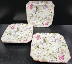 (3) 222 Fifth Gisela Square Salad Plates Set Floral On Cream Porcelain Dish Lot - £45.55 GBP