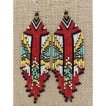 Handmade Miyuki Seed-Bead Fringe Dangling Earrings Western Style Red NWT - $49.00