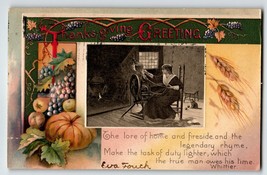 Thanksgiving Day Postcard Women At Spinning Wheel Cat Winsch Back 1909 Germany - £8.18 GBP