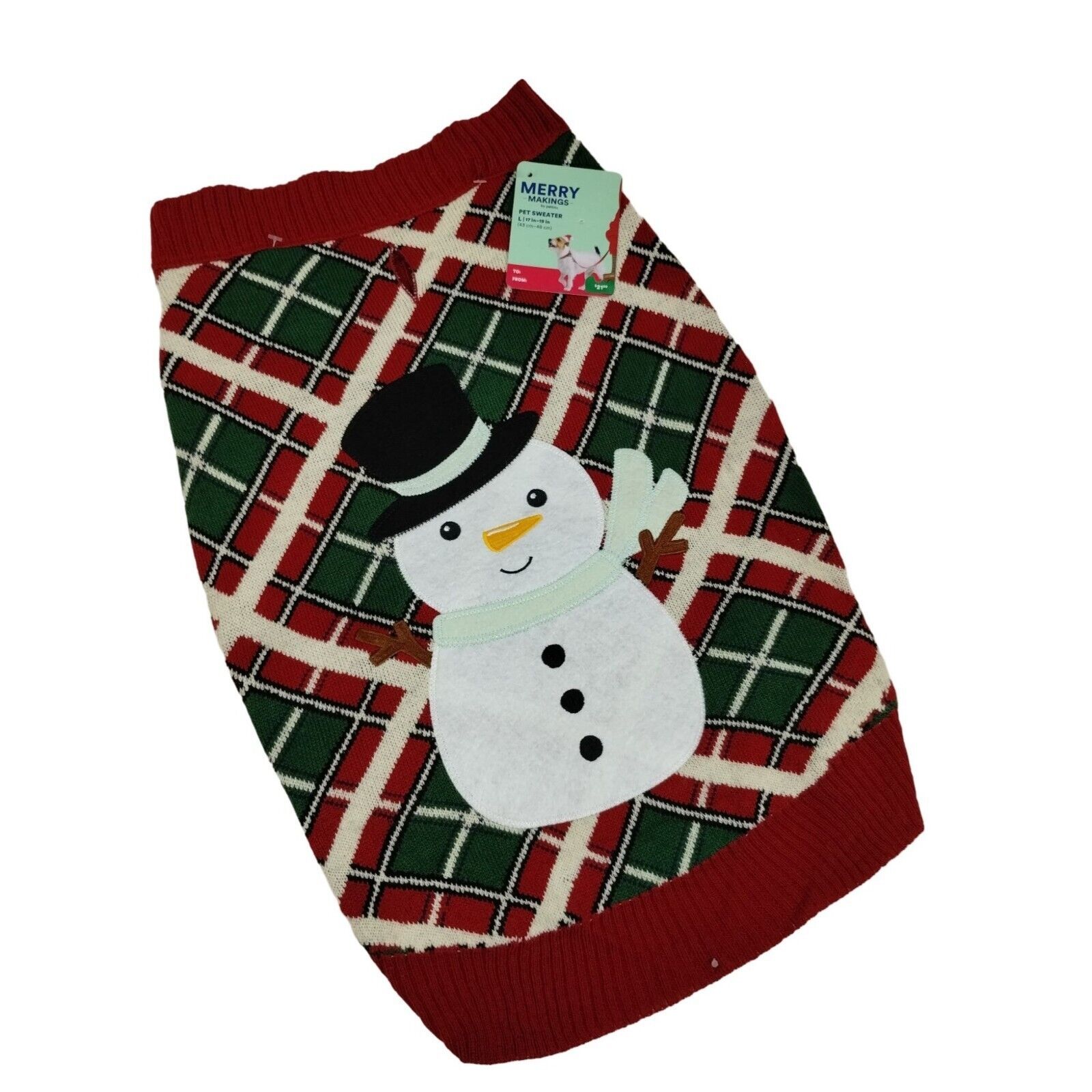 Primary image for Merry Makings Snowman Plaid Pet Sweater Dog Large 17 to 19 inches Red Green