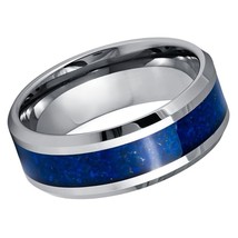 Tungsten Ring Beveled Edge with Lapis Lazuli Inlay 8 mm Wedding Band - £31.01 GBP