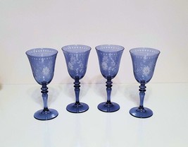 NEW RARE Williams Sonoma Blue Vintage Etched Wine Glasses 9.5 OZ - £127.59 GBP