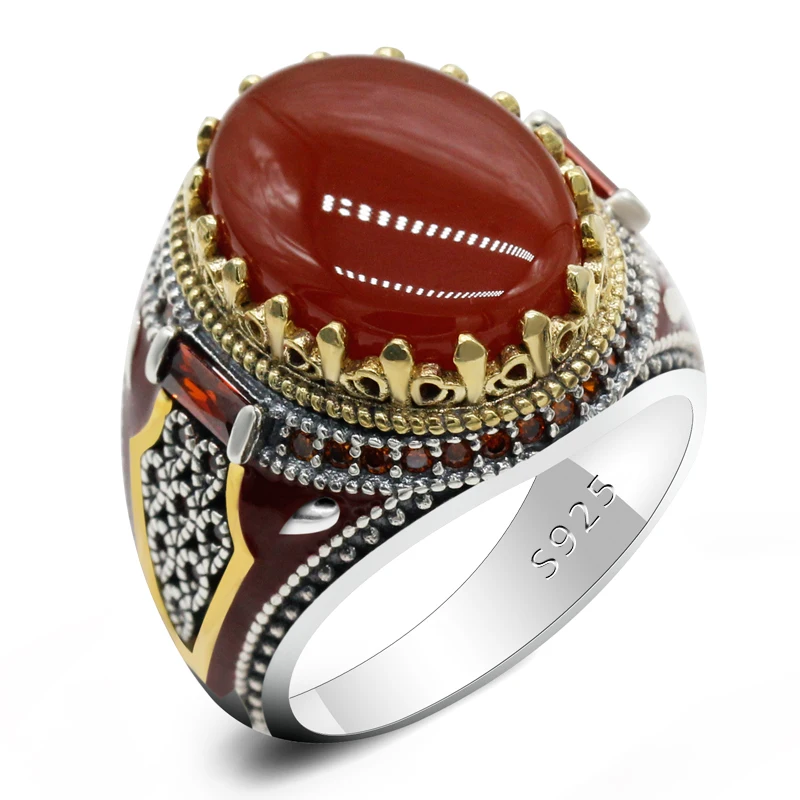 Natural Agate Stone 925 Silver Men's Ring  Power Auspicious Ring Handmade Turkis - $68.10