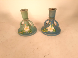 Antique Roseville Pottery White Rose Candle Holders, #1142-4 1/2&quot; - £38.47 GBP