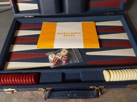 Vintage John N. Hansen Backgammon Felt Leather 15&quot; Set Blue Brown Travel... - $34.42