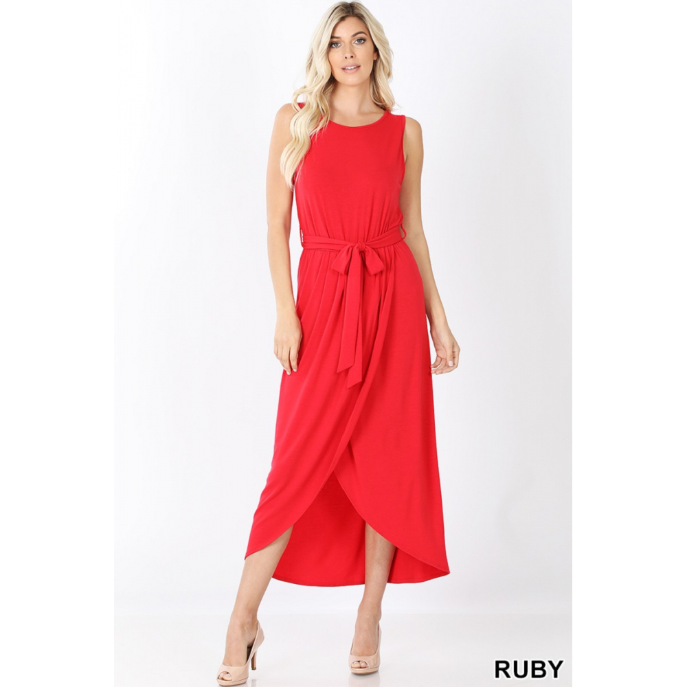 Primary image for Ruby Red Tulip Dress   Belted Sleeveless - Hi-Low Maxi Red Dress