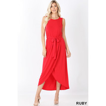 Ruby Red Tulip Dress   Belted Sleeveless - Hi-Low Maxi Red Dress - £36.52 GBP