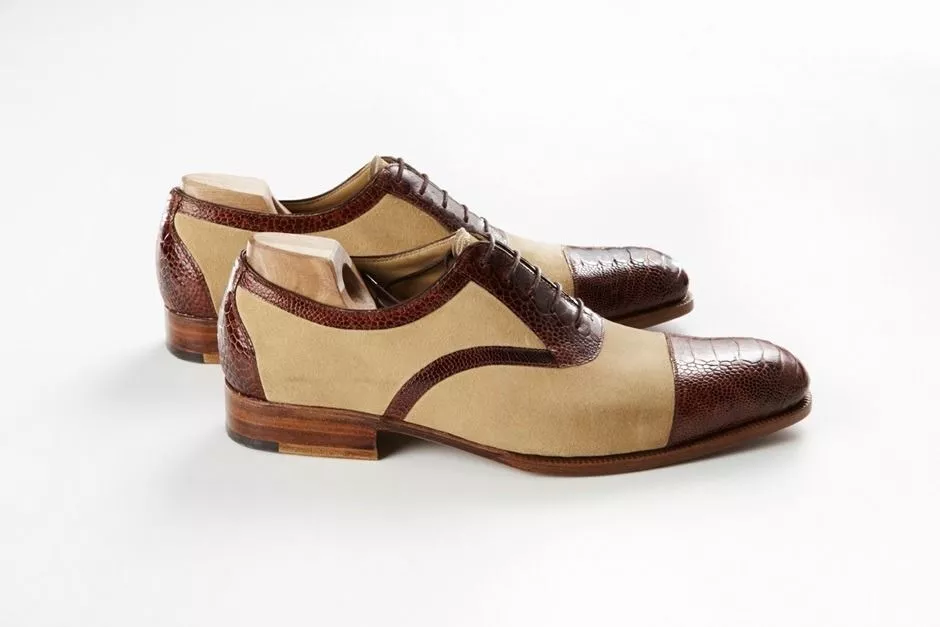 Handmade Men&#39;s Brown Crocodile Cowhide Leather Beige Suede Cap Toe Dress Shoes - £124.96 GBP