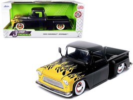1955 Chevrolet Stepside Pickup Truck Matt Black with Yellow Flames "Just Trucks" - $1,714.85 MXN