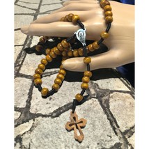 Vintage Wood Beaded Rosary Cross Prayer Beads Crucifix Necklace Italy - £11.75 GBP