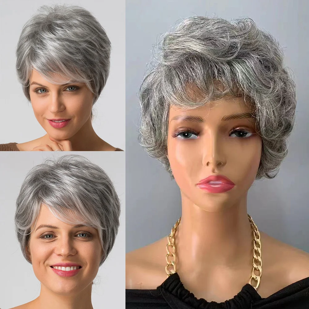 Gray Short Pixie Cut Wigs Human Hair Natural Wave Wigs With Bangs Brazilian - £28.50 GBP+
