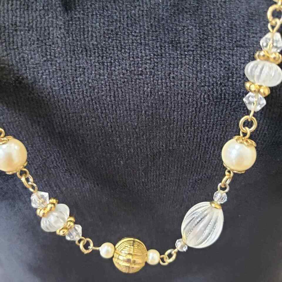 1928 Womens Fashion Clear Crystals Faux Pearl Beaded Long Necklace with Lobster Item image 3