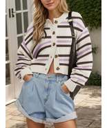 Striped Button-Up Cropped Cardigan with Relaxed Fit - $86.99 CAD