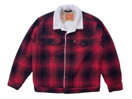 Levis Mens L Relaxed Fit Black Red Buffalo Plaid Check Sherpa Trucker Ja... - €80,64 EUR