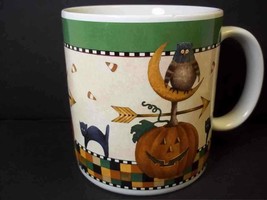 Debbie Mumm HALLOWEEN coffee mug Owls & Black Cats Sakura Stoneware 1998 12 oz - $8.75