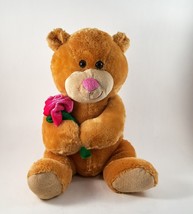 Tan Bear Plush Holding a Pink Rose 11&quot; Tall Sitting - $10.99