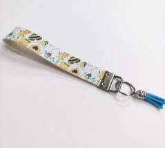 Wristlet Key Fob Keychain Faux Leather Bees Honey Animals with Blue Tass... - £7.25 GBP