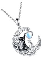 Cat Necklace Black Cat on the Moon Necklace with - £115.27 GBP