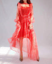 Red Long Tutu Dress Gowns Long Sleeve Vintage Inspired Pink Plaid Pattern image 6