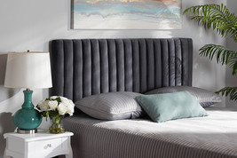 Sullivan Gray Velvet Fabric Upholstered and Dark Brown Queen Size Headboard - $2,466.02 MXN
