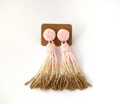 Beaded pink ombre tassel long fringe statement dangle earrings - $28.00+