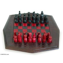 NOVICA Red and Black Wood and Leather Chess Set, African Battle&#39; - £287.89 GBP