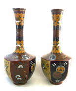 Pair antique Japanese cloisonne enamel bronze Vases 9 3/4&quot; Meiji 18 80 b... - £256.28 GBP