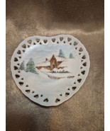 Vintage Hand Painted Heart Shaped Milk Glass Winter Home Scene Signed - $14.46