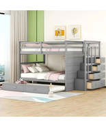 Full Over Full Bunk Bed with Storage Trundle Staircase Modern Gray Woode... - $1,176.92
