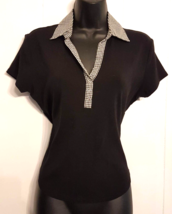 Dressbarn Knit Top size M Black Cotton Polo Shirt Plaid Collar - £11.58 GBP