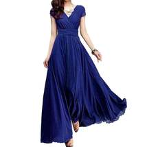 Summer Bohemian Women long Dress Solid Color Short Sleeve V Neck Tight Waist Max - £8.42 GBP+