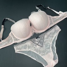 Victoria&#39;s Secret 38DDD Bra Set Xxl Panty Pink Lace Black Ribbon Dream Angels - £62.29 GBP