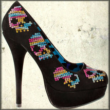 Iron Fist Sugar Hiccup Skulls Punk Goth Pinup Womens Platform Heels Shoes Black - £33.56 GBP