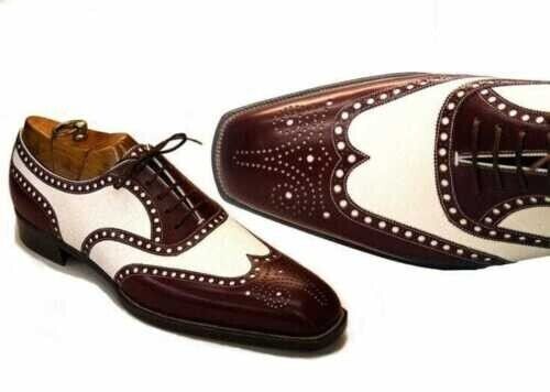 Mens Handmade Brown and White Leather Spectator Wingtip Lace Up Dress Shoes