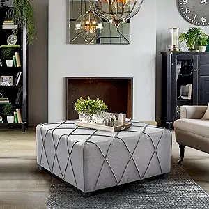 Armen Living Ficus Contemporary Ottoman in Silver Linen with Piping Acce... - $297.99