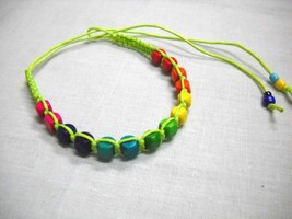 LIME GREEN MACRAME w RAINBOW WOOD BEADS BLUE GREEN PINK TIE BRACELET OR ... - $91.40 MXN