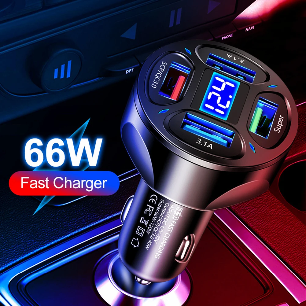 4 USB Ports Car Charger 12V/24V Fast Charging Adapter with LED Voltmeter 66W C - £11.20 GBP