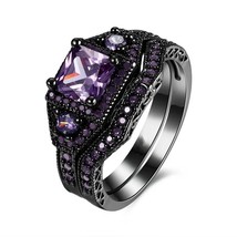 Purple Solitaire with Accents Ring Black Stacking Eternity Two Piece Band Set - £16.06 GBP